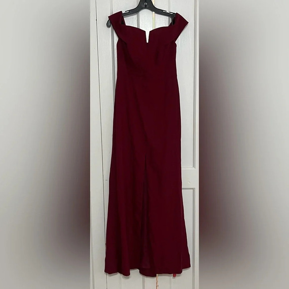 DESSY COLLECTION 3038 OFF-THE-SHOULDER TRUMPET GOWN WITH FRONT SLIT IN BURGUNDY - Picture 3 of 8